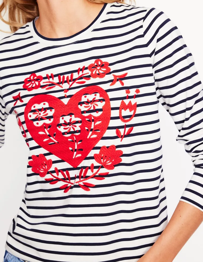 Novelty Long Sleeve Jersey Top-Ivory, Navy Heart-Boden Hot