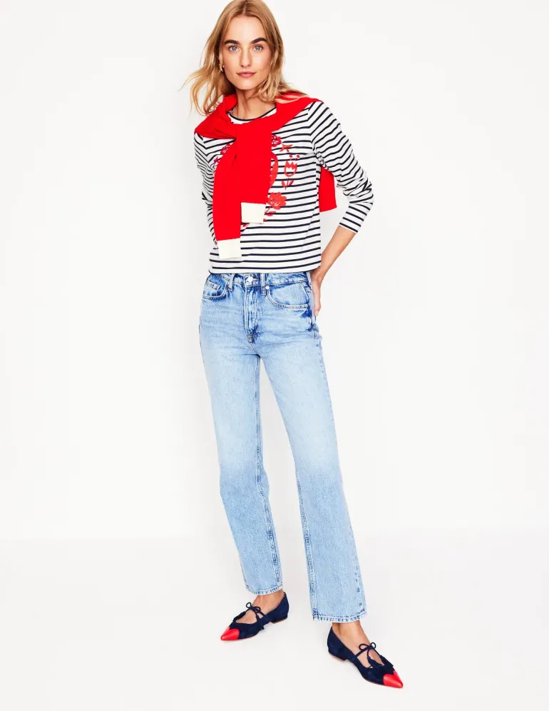 Novelty Long Sleeve Jersey Top-Ivory, Navy Heart-Boden Hot