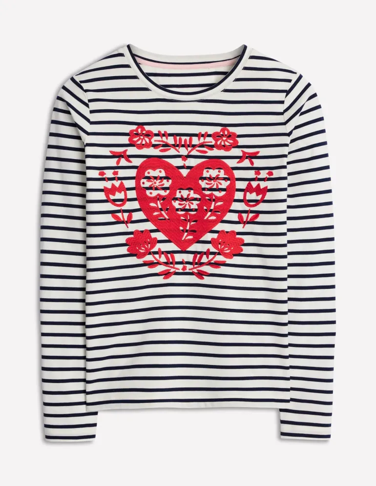 Novelty Long Sleeve Jersey Top-Ivory, Navy Heart-Boden Hot
