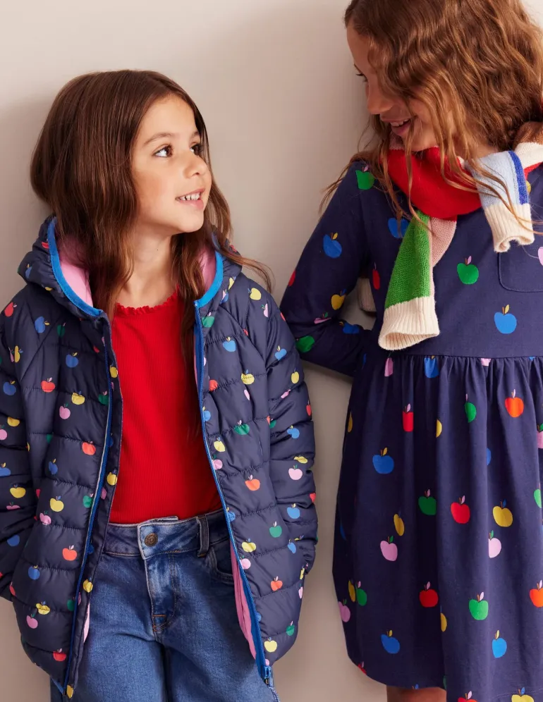 Pack-Away Padded Jacket-College Navy Rainbow Apples-Boden Clearance