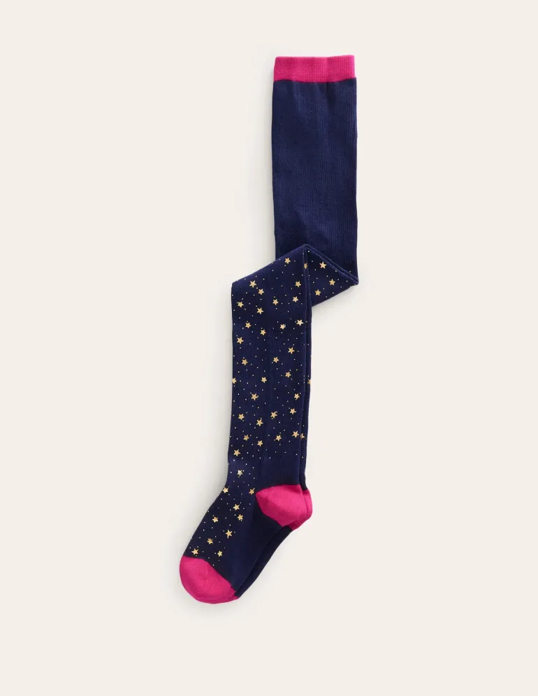 Patterned Tights-Navy Foil Stars-Boden Flash Sale