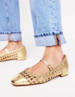 Penelope Mary Jane Flat-Gold Woven Leather-Boden Clearance
