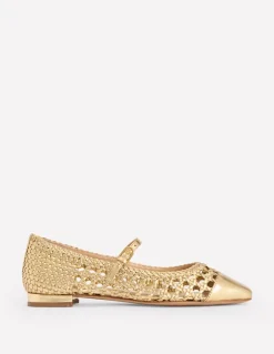 Penelope Mary Jane Flat-Gold Woven Leather-Boden Clearance