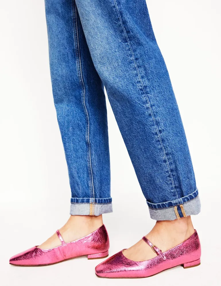 Penelope Mary Jane Flat-Pink Peacock Metallic Leather-Boden Hot