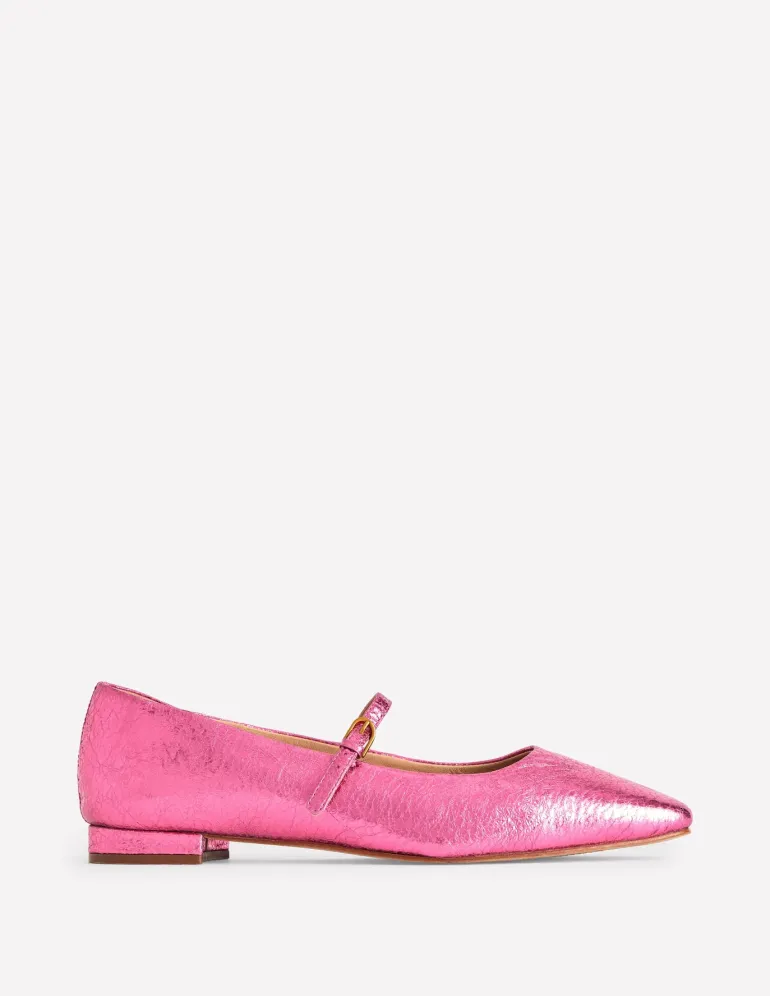 Penelope Mary Jane Flat-Pink Peacock Metallic Leather-Boden Hot