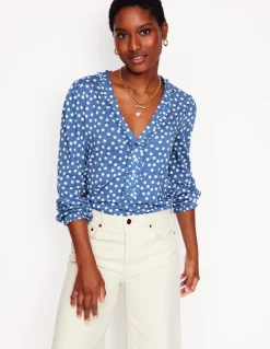 Poppy Ruffled Henley Top-Blue River, Abstract Spot-Boden Clearance