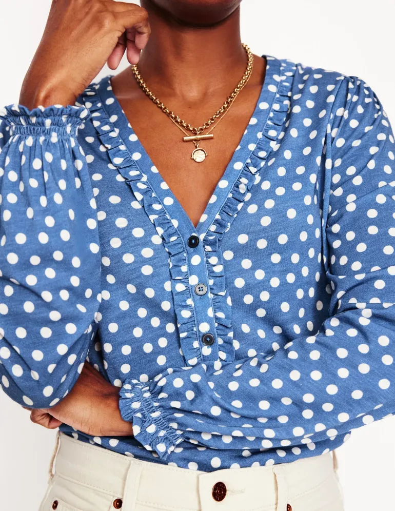 Poppy Ruffled Henley Top-Blue River, Abstract Spot-Boden Clearance