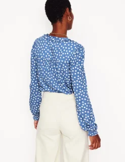 Poppy Ruffled Henley Top-Blue River, Abstract Spot-Boden Clearance