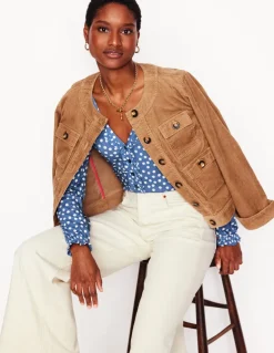 Poppy Ruffled Henley Top-Blue River, Abstract Spot-Boden Clearance