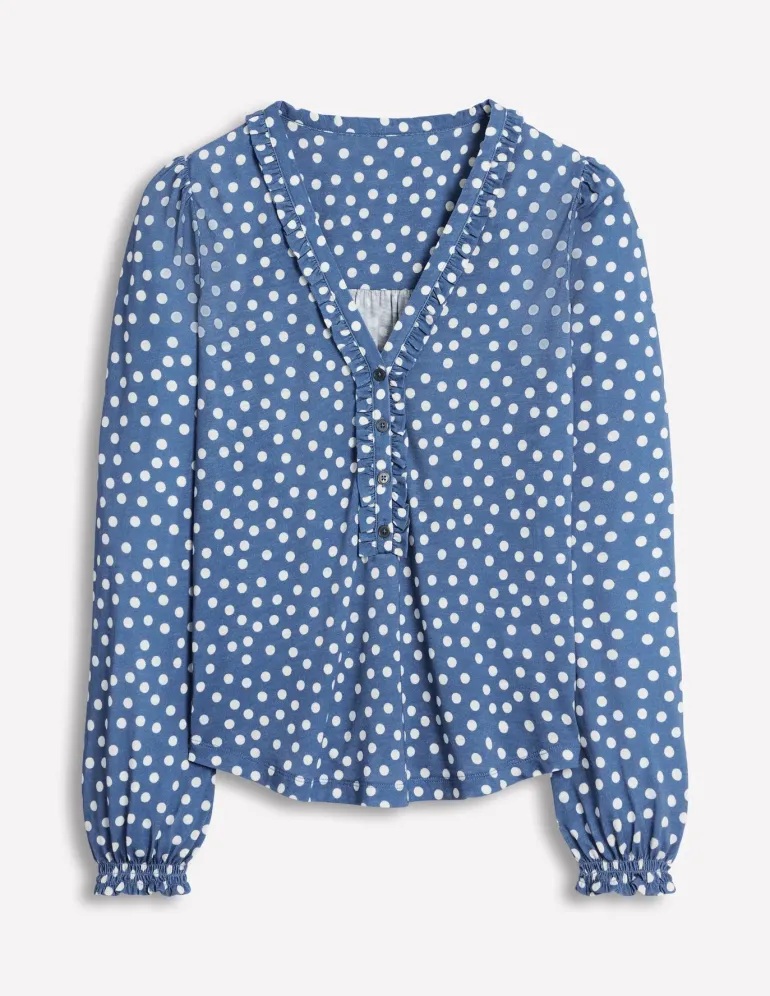 Poppy Ruffled Henley Top-Blue River, Abstract Spot-Boden Clearance