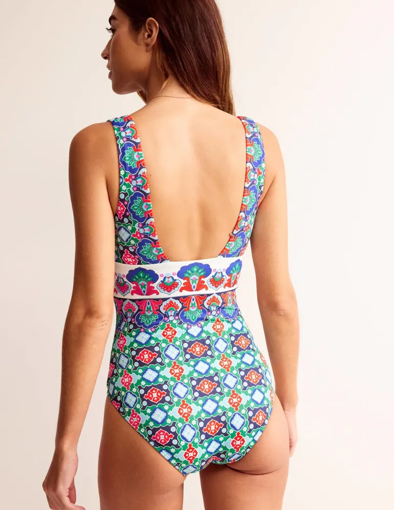 Porto V-Neck Swimsuit-Green Tambourine, Coastal Tile-Boden Flash Sale