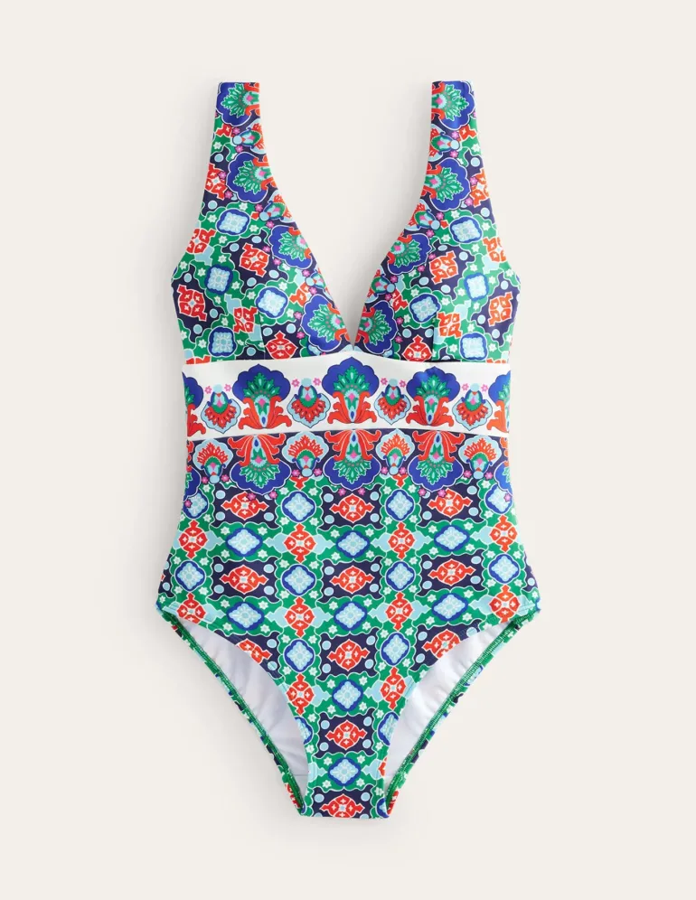 Porto V-Neck Swimsuit-Green Tambourine, Coastal Tile-Boden Flash Sale