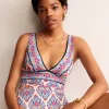 Porto V-Neck Swimsuit-Ivory, Flora Stamp-Boden Cheap