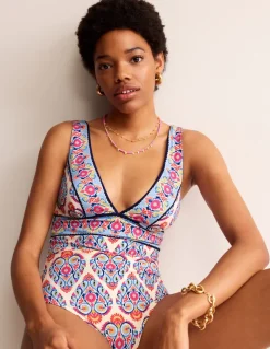 Porto V-Neck Swimsuit-Ivory, Flora Stamp-Boden Cheap