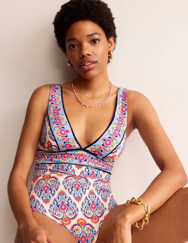 Porto V-Neck Swimsuit-Ivory, Flora Stamp-Boden Cheap