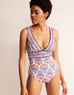 Porto V-Neck Swimsuit-Ivory, Flora Stamp-Boden Cheap