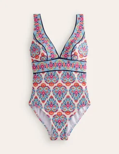 Porto V-Neck Swimsuit-Ivory, Flora Stamp-Boden Cheap
