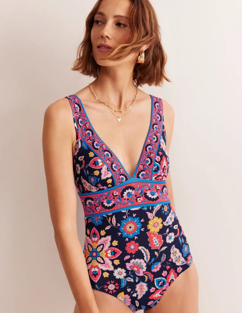 Porto V-Neck Swimsuit-Mandarin Red, Botanical Sprig-Boden Sale