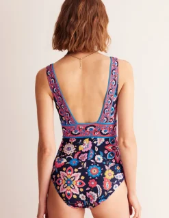 Porto V-Neck Swimsuit-Mandarin Red, Botanical Sprig-Boden Sale