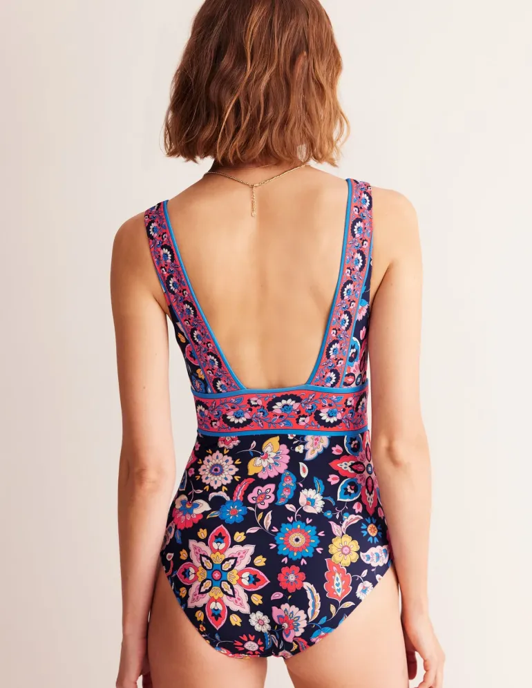 Porto V-Neck Swimsuit-Mandarin Red, Botanical Sprig-Boden Sale