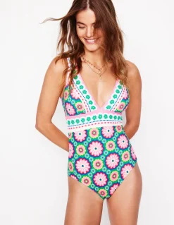 Porto V-Neck Swimsuit-Multi, Flower Tile-Boden Best Sale