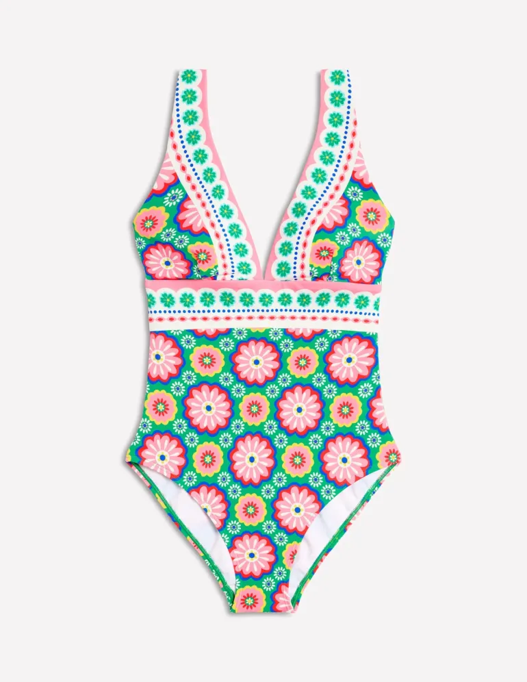 Porto V-Neck Swimsuit-Multi, Flower Tile-Boden Best Sale