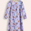Printed Long-sleeved Nightie-Misty Lavender Cats-Boden Flash Sale