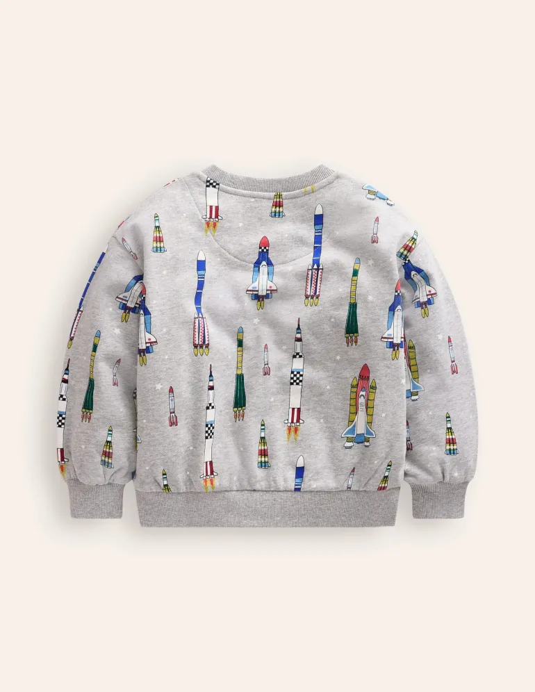 Printed Sweatshirt-Grey Marl Rockets-Boden Outlet