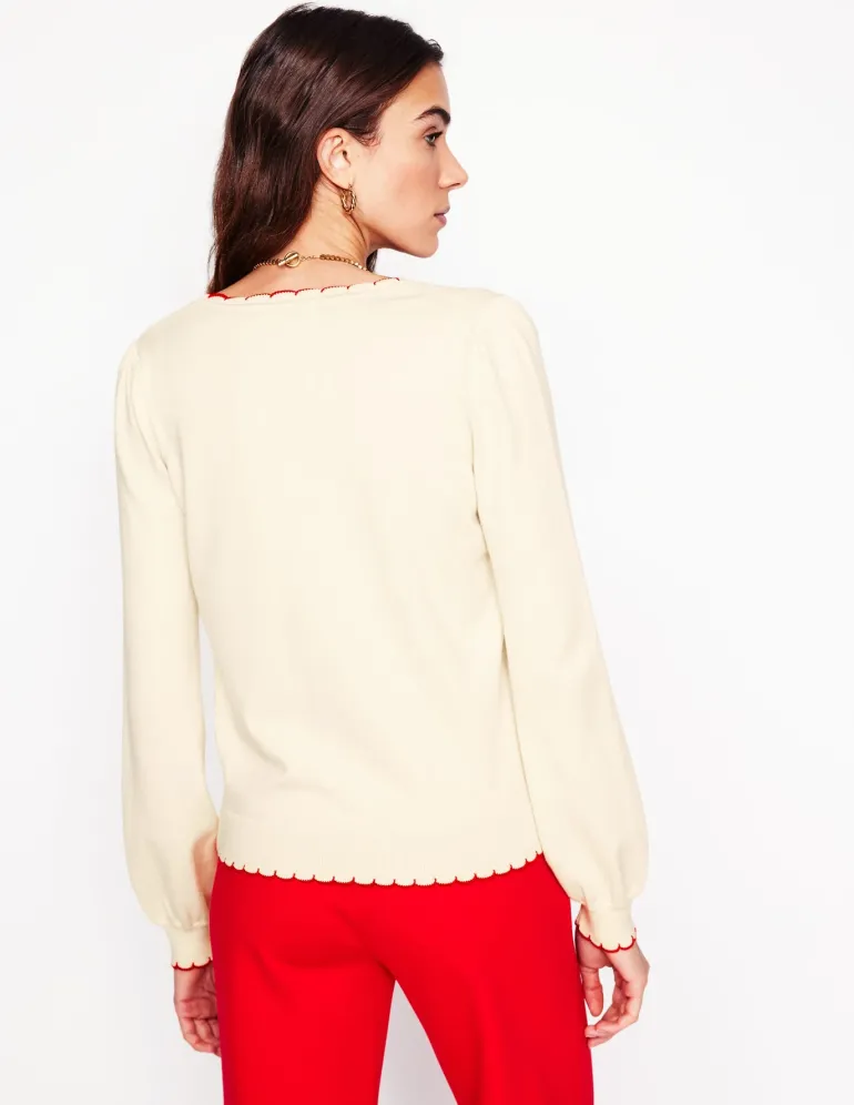 Pru Scallop Trim Cardigan-Warm Ivory-Boden Discount