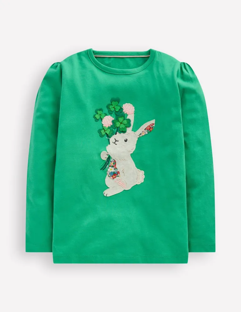 Puff Sleeve Applique T-shirt-Aloe Green Bunny-Boden Shop