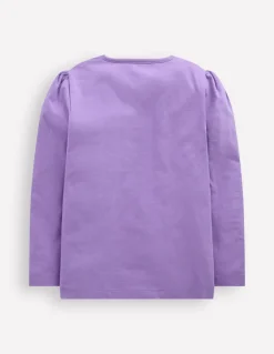 Puff Sleeve Applique T-shirt-Aster Purple Flower Cats-Boden Online