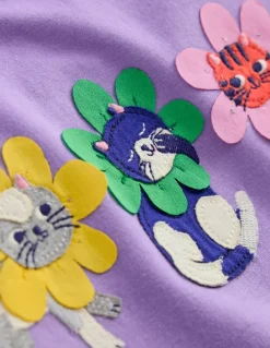 Puff Sleeve Applique T-shirt-Aster Purple Flower Cats-Boden Online