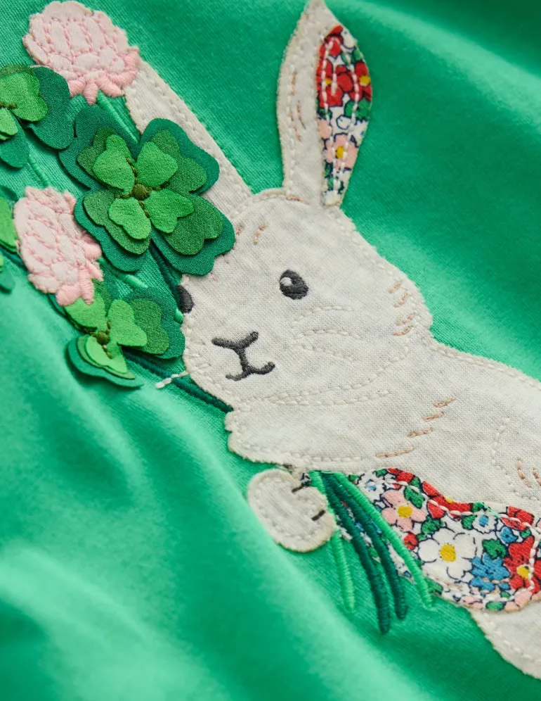 Puff Sleeve Applique T-shirt-Aloe Green Bunny-Boden Shop