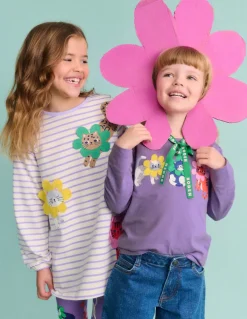 Puff Sleeve Applique T-shirt-Aster Purple Flower Cats-Boden Online