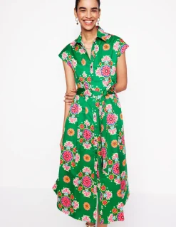 Rachel Cotton Midi Shirt Dress-Rich Emerald, Meadow Posy-Boden New