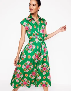 Rachel Cotton Midi Shirt Dress-Rich Emerald, Meadow Posy-Boden New