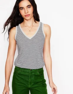 Regular V-Neck Slub Tank-Navy, Ivory Stripe-Boden Outlet