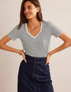 Regular V-Neck Slub T-shirt-Ivory, Navy-Boden Clearance