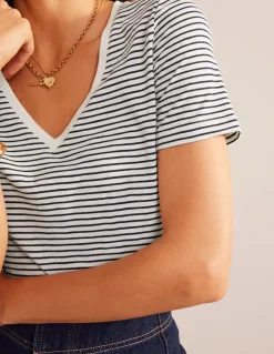Regular V-Neck Slub T-shirt-Ivory, Navy-Boden Clearance