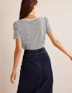 Regular V-Neck Slub T-shirt-Ivory, Navy-Boden Clearance