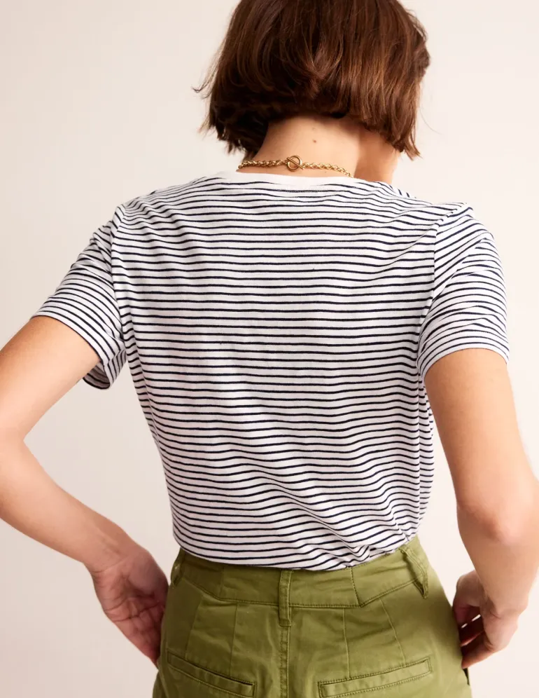 Regular V-Neck Slub T-shirt-Ivory, Navy-Boden Flash Sale