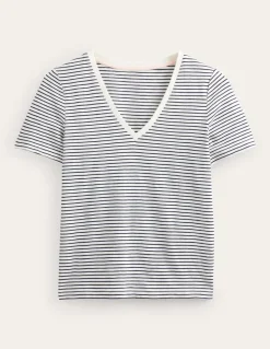 Regular V-Neck Slub T-shirt-Ivory, Navy-Boden Clearance