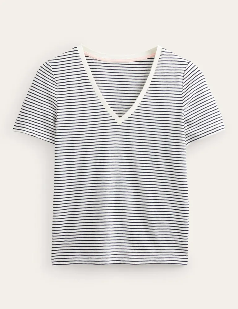 Regular V-Neck Slub T-shirt-Ivory, Navy-Boden Clearance