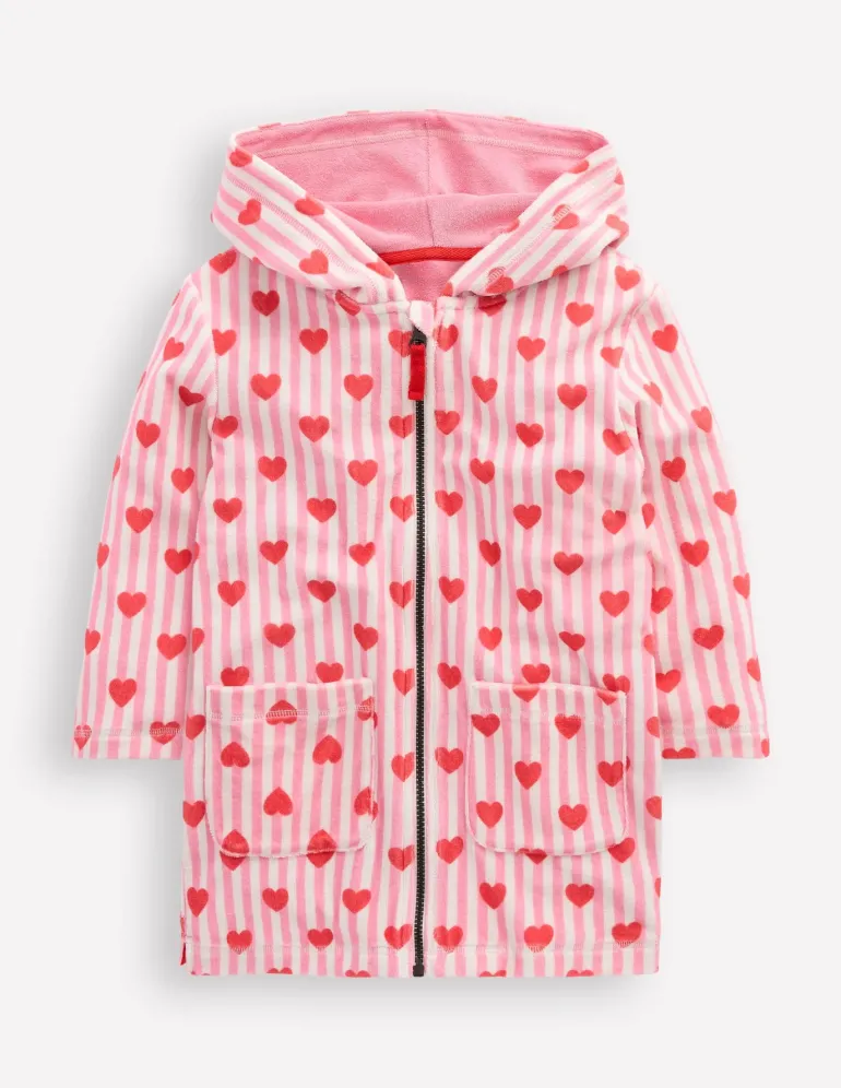 Romie Towelling Zip Throw-On-Bubblegum Pink Heart Stripe-Boden Store