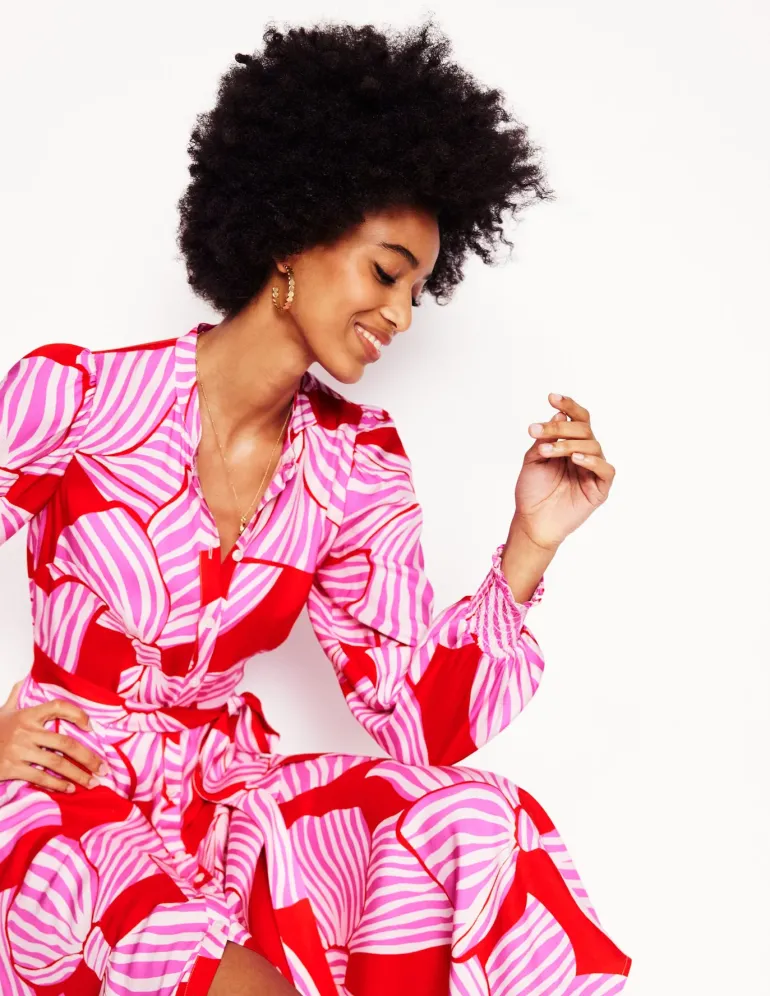 Ruby Collarless Shirt Dress-Rouge, Bow Scatter-Boden Outlet