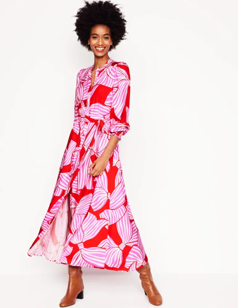 Ruby Collarless Shirt Dress-Rouge, Bow Scatter-Boden Outlet