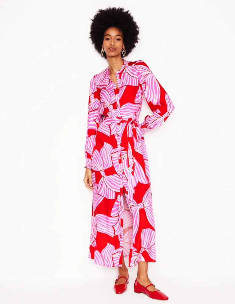 Ruby Collarless Shirt Dress-Rouge, Bow Scatter-Boden Outlet