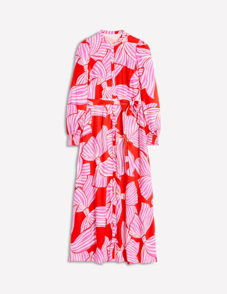 Ruby Collarless Shirt Dress-Rouge, Bow Scatter-Boden Outlet