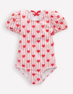 Sandy Puff Sleeve Swimsuit-Bubblegum Pink Heart Stripe-Boden Discount
