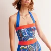 Santorini Halterneck Swimsuit-Blue, Foliage Paisley-Boden Discount